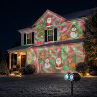 Lumora projecting Santa, snowmen and snowflakes on a house for Christmas