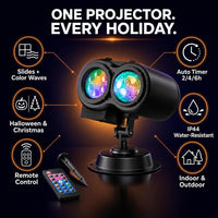 Lumora features: slides and color waves, remote, auto timer, IP44, indoor and outdoor