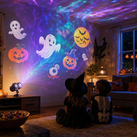 Kids watching Halloween projections from Lumora in the living room